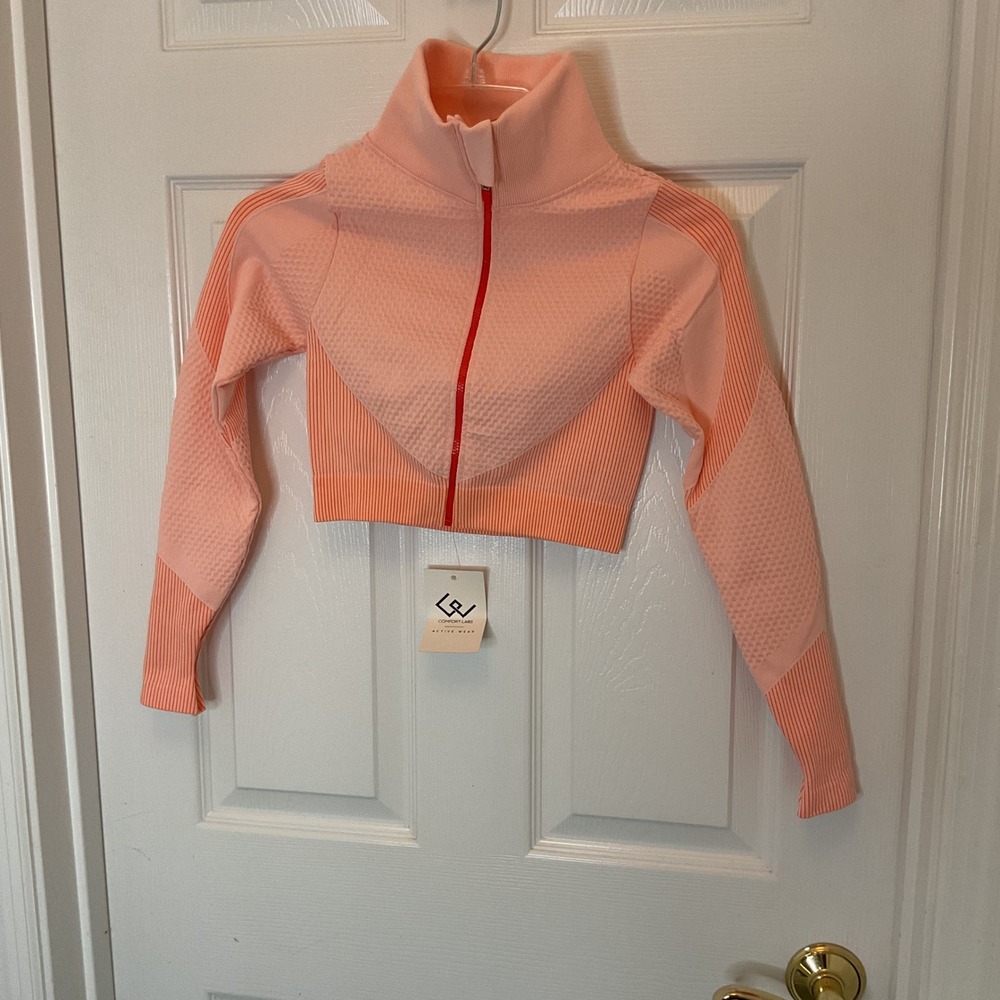 Comfort Labs Active Wear 2 Piece Seamless Workout Set Peach Orange Crop Jacket L
